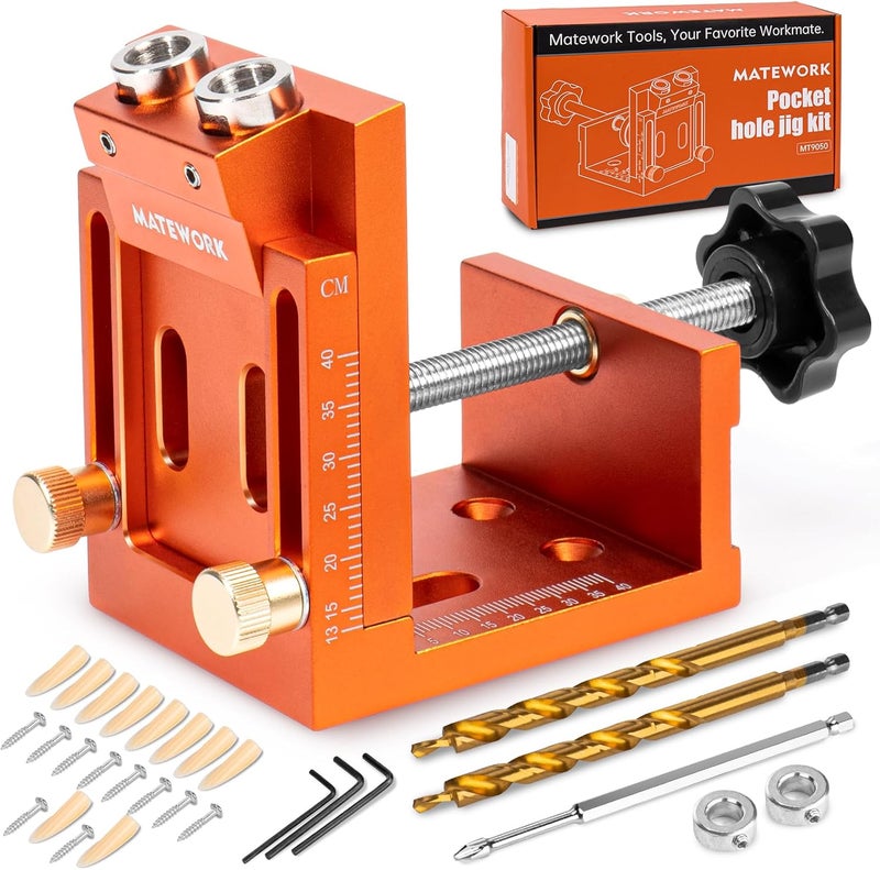 Matework Pocket Hole Jig Kit, Adjustable Pocket Hole Jig System with Stop Collars, Pocket Holes Tool 30PCS with Screws, Wood Plug, Allen Wrench for Woodworking - Image 1